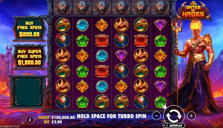 Gates of Hades base game - the 6x6 grid framed by Hades and Cerberus