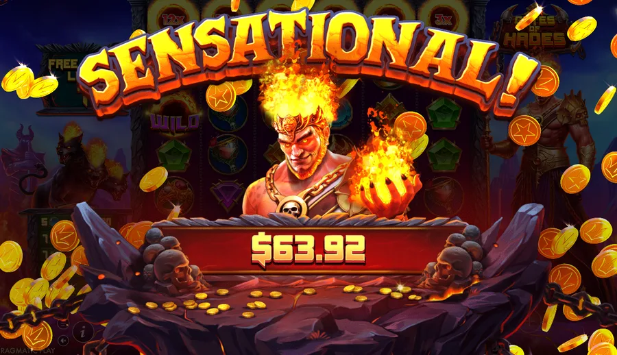 Gates of Hades big-win celebration screen reading SENSATIONAL with the face of Hades and cascading coins