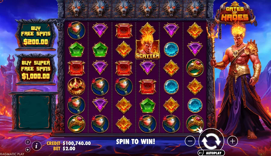 Gates of Hades base grid showing the golden crown, ring and coloured gem symbols with a Hades flaming-head scatter