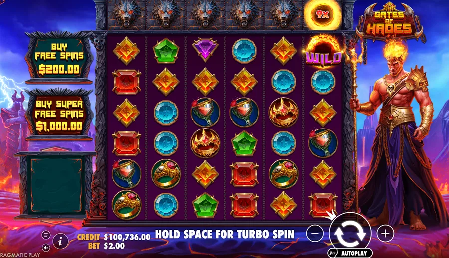 Gates of Hades base game with a flaming wild carrying a 9x column multiplier lit above its reel