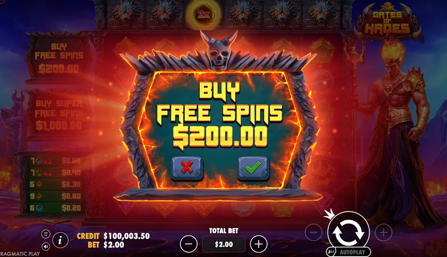 Gates of Hades feature buy confirmation panel to buy Free Spins for $200 in the demo