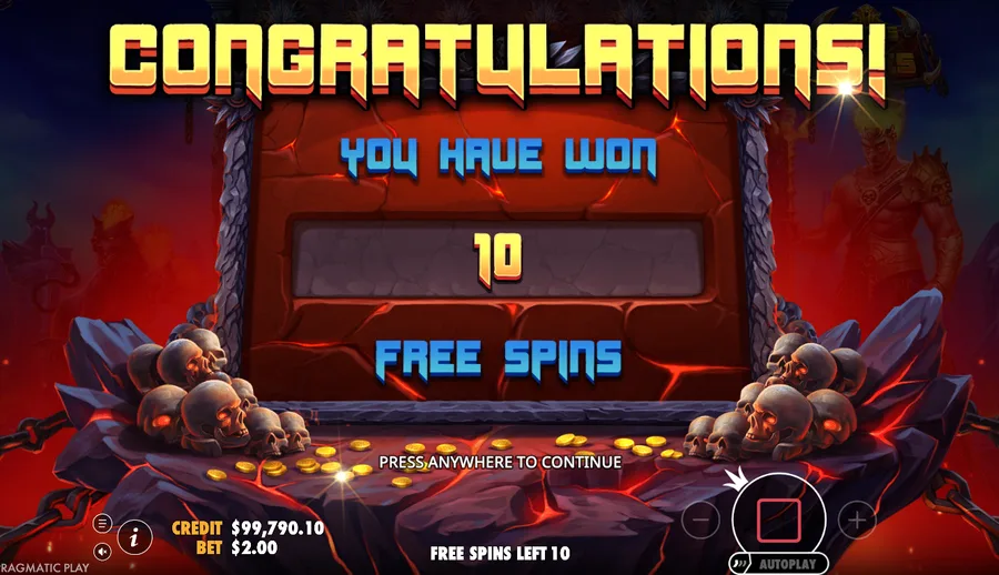 Gates of Hades free spins award screen reading YOU HAVE WON 10 FREE SPINS