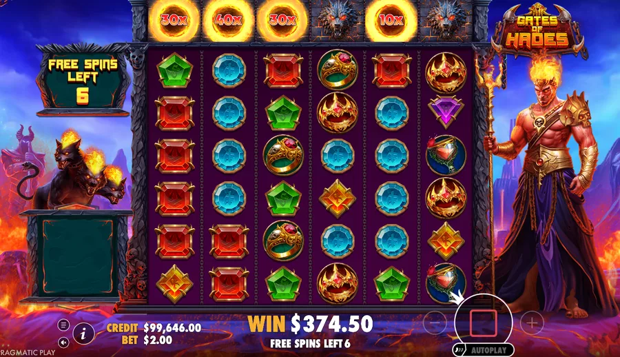 Gates of Hades Super Free Spins with high 30x and 40x column multiplier meters and Cerberus dog column icons